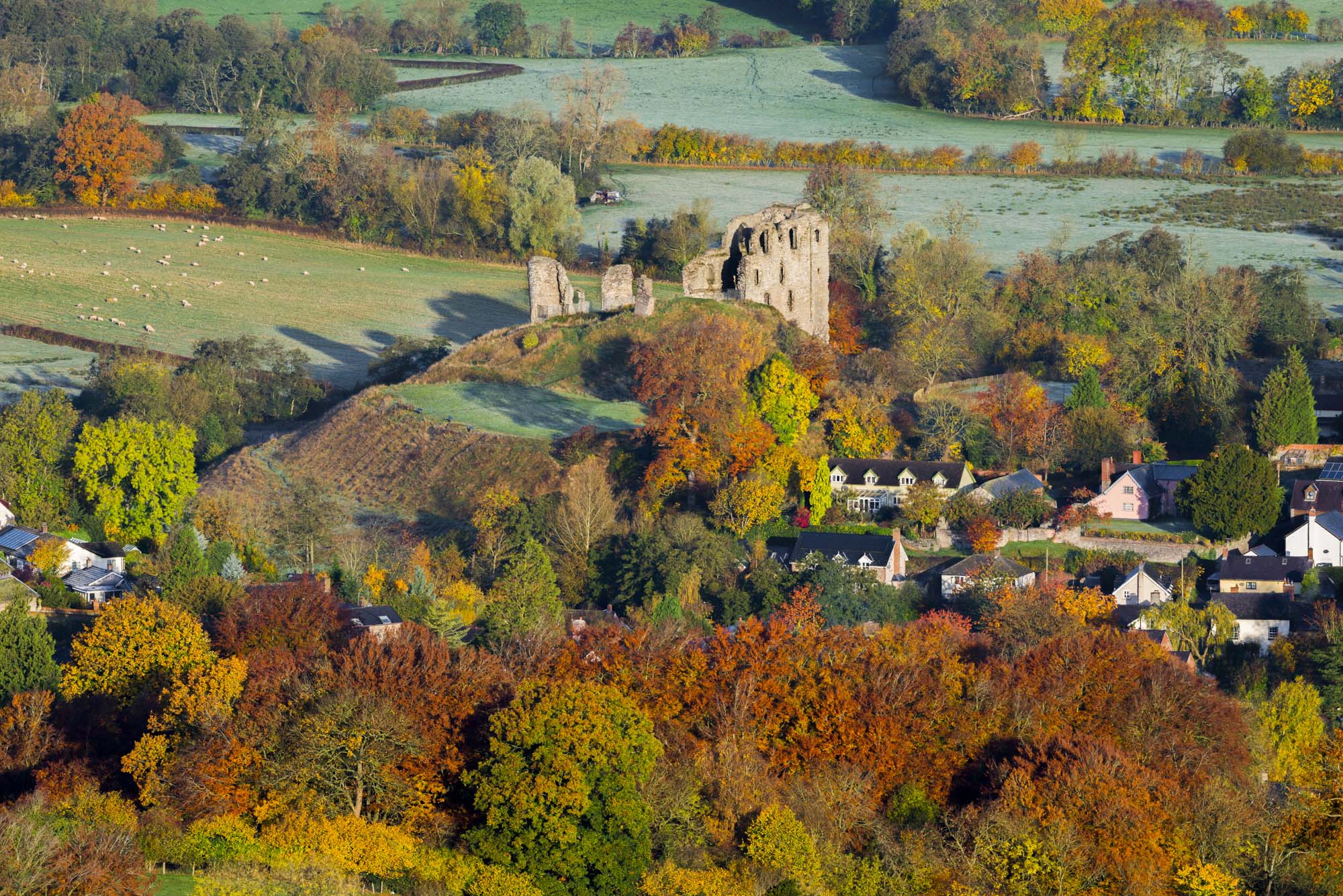 Frosty autumn sunrise at Clun, Shropshire.